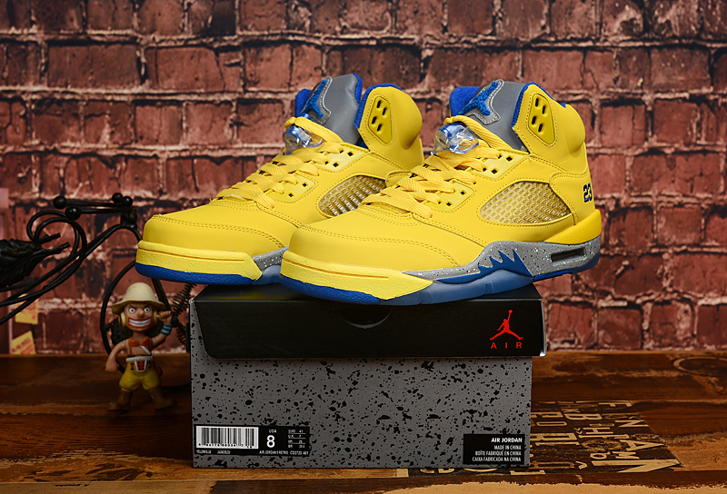 New Jordan 5 Retro Yellow Blue Shoes - Click Image to Close